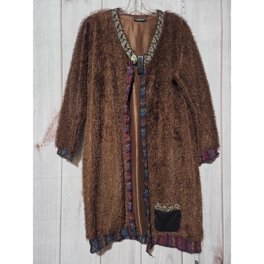Lee Andersen Sweater Womens Medium‎ Brown Fuzzy Eyelash Open Cardigan Duster